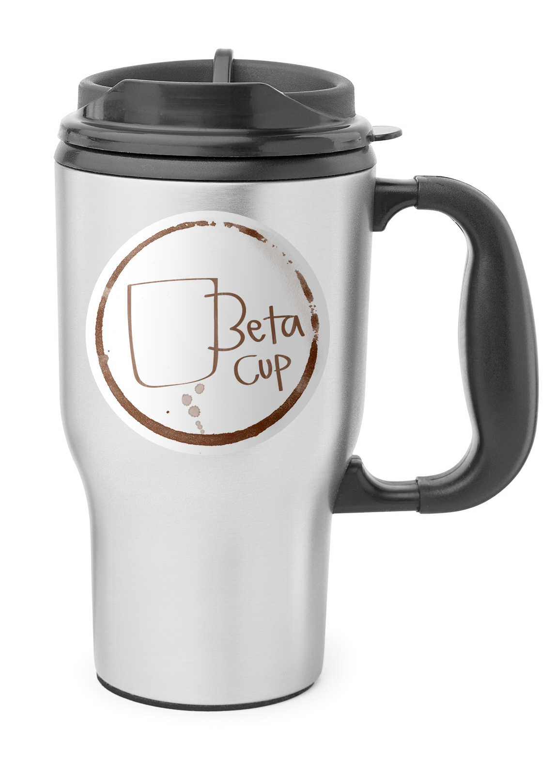Branded travel mug mockup with the Beta Cup coffee-ring logo