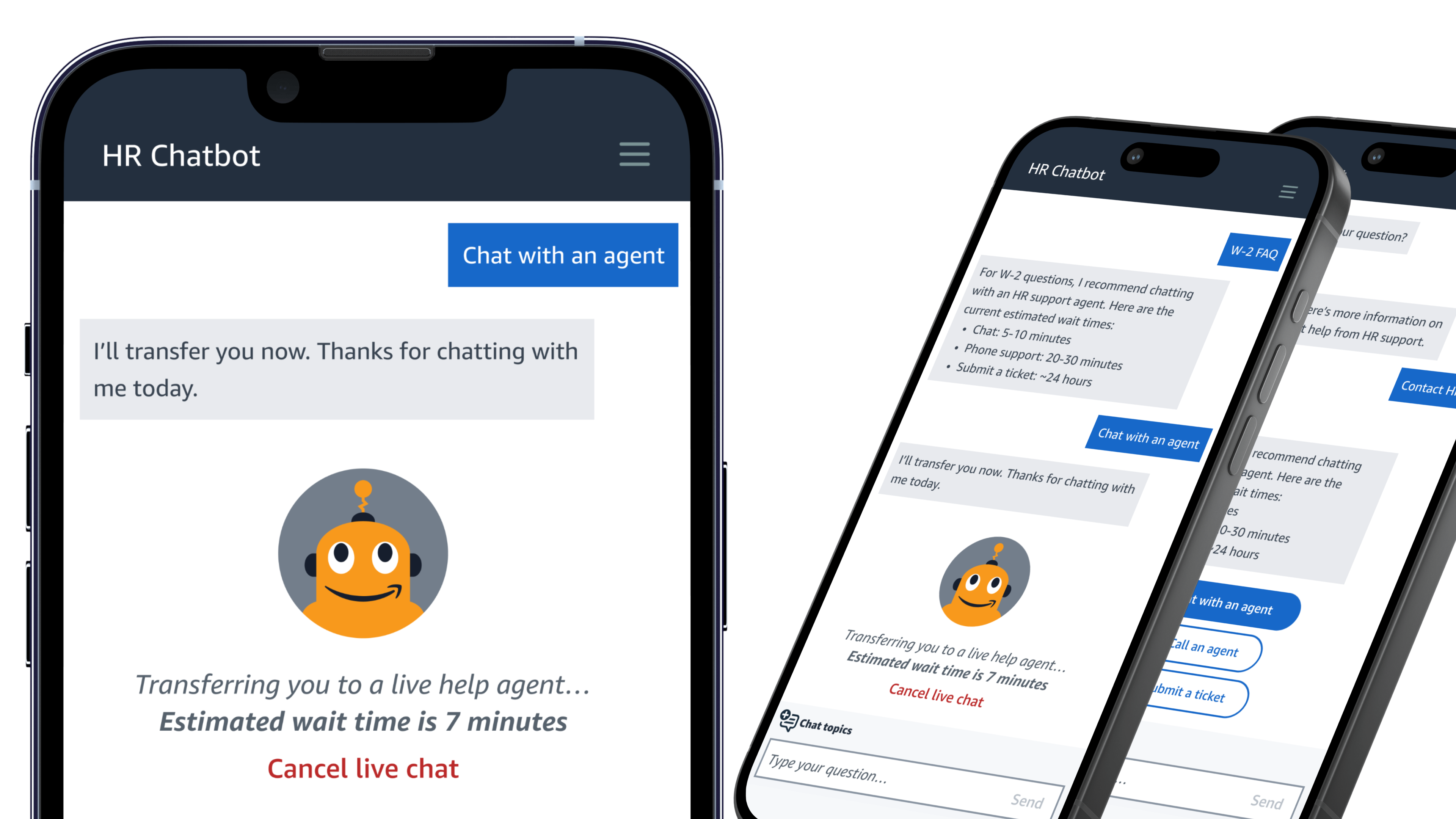 HR Chatbot redesign showing mobile chat interface with live agent transfer flow