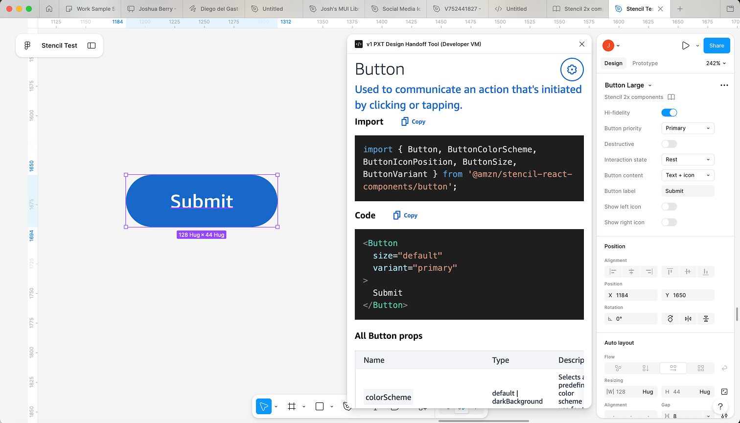 Figma plugin UI showing a Button component selected with production React import code and props surfaced in the panel