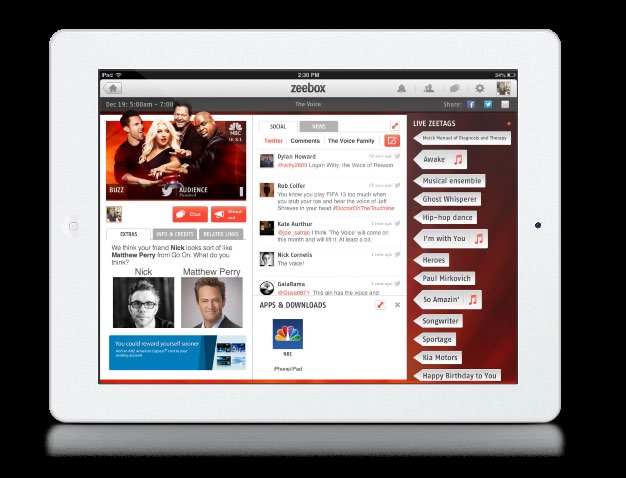 Zeebox second-screen app on iPad showing the Lookalikes facial-recognition feature matching a user's friend to Matthew Perry