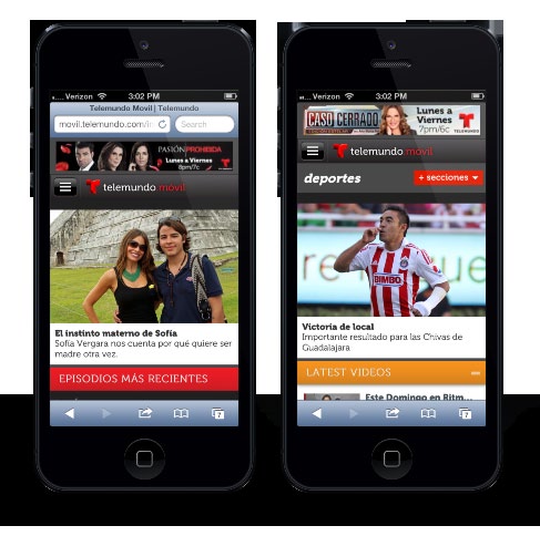 Telemundo móvil mobile web redesign shown on two iPhones — homepage and deportes section